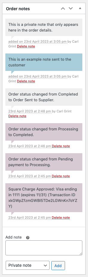 Order Notes list